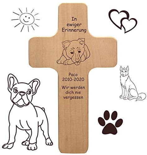 Geschenkissimo Hundekreuz mit individueller Gravur - mit Name, Spruch, Motiv - Holzkreuz für lebende oder verstorbene Hunde als Hundeschild, Gedenktafel, Trauergeschenk, Grabdeko, Sprüche mit Hund