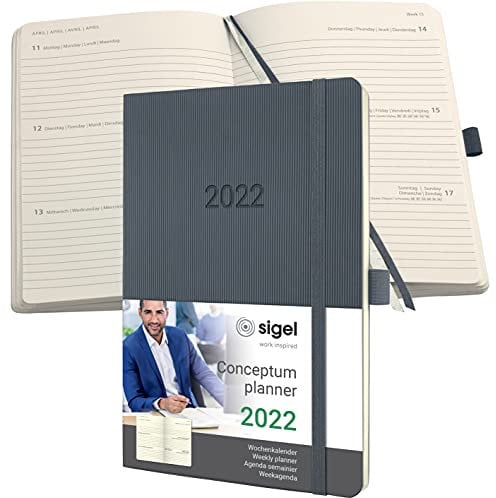 SIGEL C2236 Terminplaner Wochenkalender 2022 - ca. A5 - grau - Softcover - 192 Seiten - Gummiband, Stiftschlaufe, Archivtasche - PEFC-zertifiziert - Conceptum