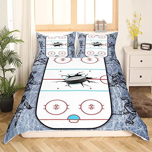 Sunnybed Eishockey Bettwäsche Set 135*200+80*80*1,Eishockey Trösterbezug für Jungen Kinder Teens Winterspiele Sport Bettbezug Spieler Tagesdecke mit Reißverschluss 1 Kissenbezug, Muster-24