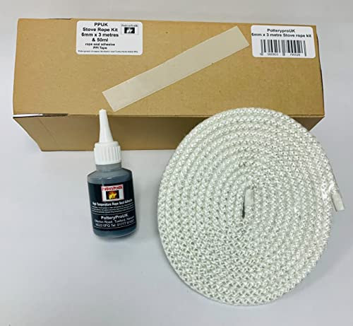 PotteryproUK PPUK Stove Rope 6mm x 3 metres & 50ml Glue Kit for Woodburners Log Burners Pizza Oven. Door Seal Kit