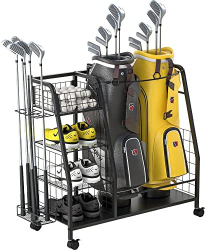 Staransun Golf Bag Storage Rack for Garage - Double Golf Bag Organizer with Lockable Wheels - Golf Organizer for Golf Accessories - Ideal Golf Gifts for Men - Easy to Assemble