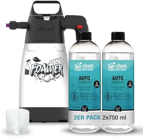 bio-chem AutoShampoo biologisch abbaubar – 2x 750 ml inkl. Schaumsprüher – pH-neutrales Konzentrat – Kraftvoll gegen Schmutz, schonend zum Lack – greift Wachs-Versiegelung nicht an - Made in Germany