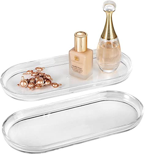 SheeChung Acrylic Vanity Tray, 2 Pack, Clear, 9.65 in x 4.5 in x 0.79 in, Catchall Tray, Countertop Sink Tray Dispenser, Sturdy Holder for Cabinet, Shelf, Cupboard, or Closet Organization