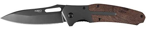 NEO TOOLS Messer 22 cm lang, faltbare Konstruktion, Klinge 11 cm, SS + Holzgriff, 3Cr13 Edelstahl, satinierte Klinge, Gürtelclip, outdoor camping survival Klappmesser