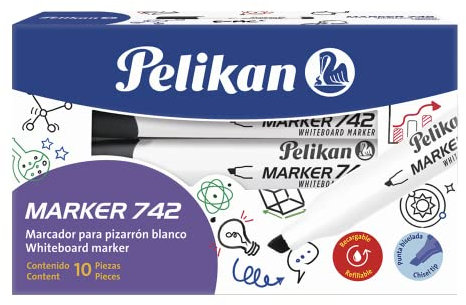 Pelikan Flash Marker 742, Whiteboard-Marker mit 10 Teilen, schwarz, abgeschrägte Spitze, nachfüllbar, im Karton