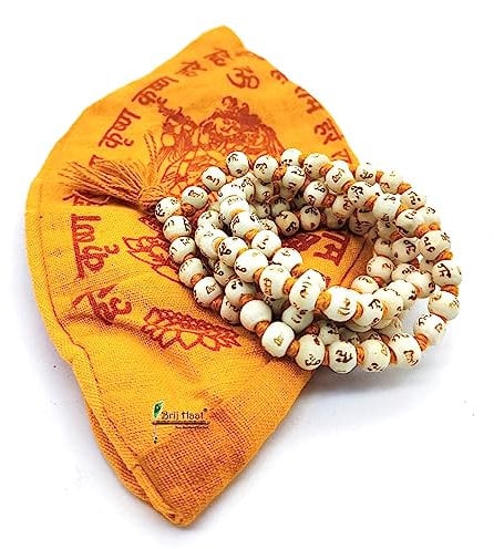 BRIJ HAAT Rosary Hare Ram Carving on white japa mala 108+1 beads necklace with Cotton Gaumukhi Jaap Bag garland
