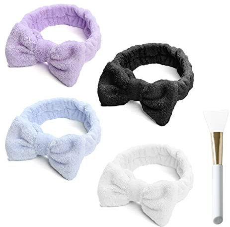 4er-Pack Schleifen-Stirnband, Sport-Stirnband, einfarbiges Stirnband mit 1 Maskenbürste für die Gesichtsreinigung, Make-up-Maske, Männer, Frauen (Weiß, Schwarz, Blau, Lila)