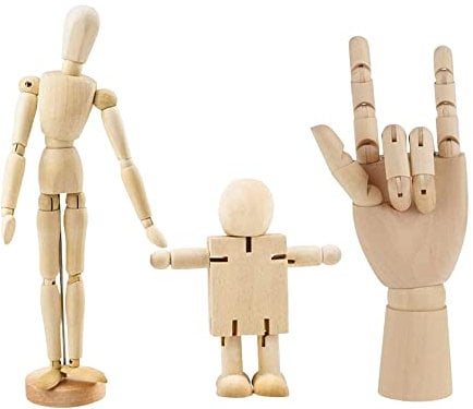 3 Stück Bewegliche Modellpuppe, Holz Figuren, DIY Holzfiguren, Holzpuppe Menschlicher, Linke Holzhand, Zeichnungsmodell Holzhand, für Skizze Dekoration, Handwerk Tischdeko (Einstellbar Form)