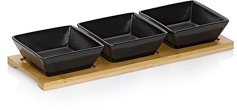 kela Servierschalen Set 4tlg PHILIPA, Porzellan Snackschalen mit Bambus Servierplatte, eckig, Dipschalen Set schwarz