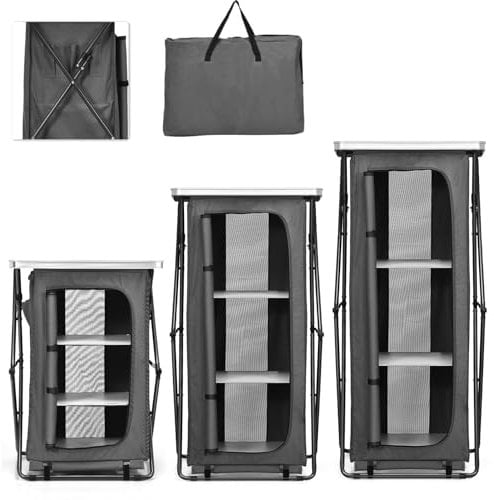 TANGZON Folding Camping Storage Cabinet, Portable Pop-Up Cupboard with 3 Compartments, Side Pockets and Carry Bag, Outdoor Waterproof BBQ Picnic Cupboard Storage Shelving Unit (63 x 45 x 119cm)