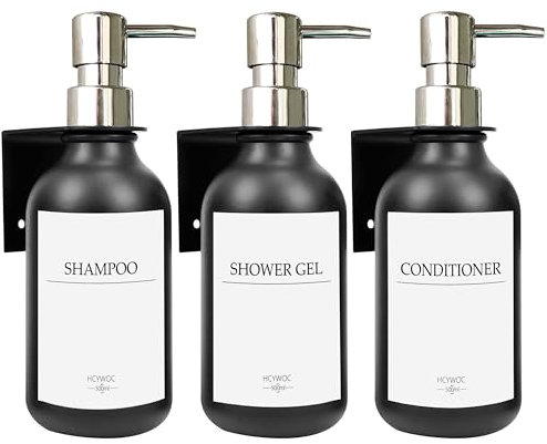 Seifenspender Wandbefestigung, Shampoo Flaschen Zum Befüllen Mit 16 Wasserdichten Etiketten, Spülmittelspender Ohne Bohren, Badezimmer Seifenspender Set, 500ml, 3 Stück, Schwarz