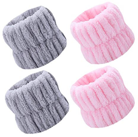 JCKD 4-teiliges Gesichtswaschband, Handgelenkhydrotherapie Gesichtswaschband mit ultrafeinem Faserhandtuchriemen, weibliches und weibliches Make-up, Dusche, Yoga, Sportarmband (rosa 、grau)