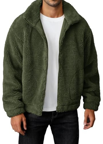 Runcati Flauschige Sherpa-Jacke für Herren, langärmelig, Fleece, Reißverschluss, Herbst, Winter, warme Oberbekleidung, Grün (Army Green), Medium