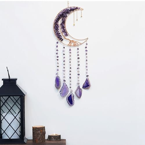 Attrape-rêves arbre de vie en cristaux de lune violette, ornement à suspendre en agate naturelle, décoration murale de yoga pour fenêtres, jardin, décoration d'intérieur (violet)