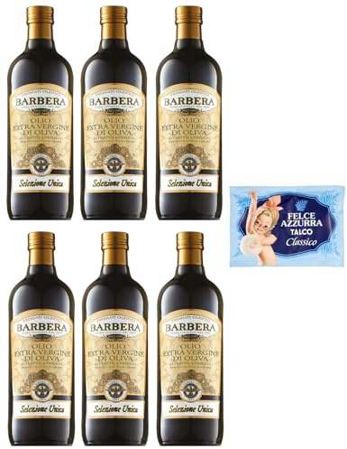 6er-Pack Barbera Selezione Unica Natives Olivenöl Extra,Olio Extra Vergine di Oliva,1Lt Glasflaschen + 1er-Pack Kostenlos Felce Azzurra Talkumpuder, 100g-Beutel