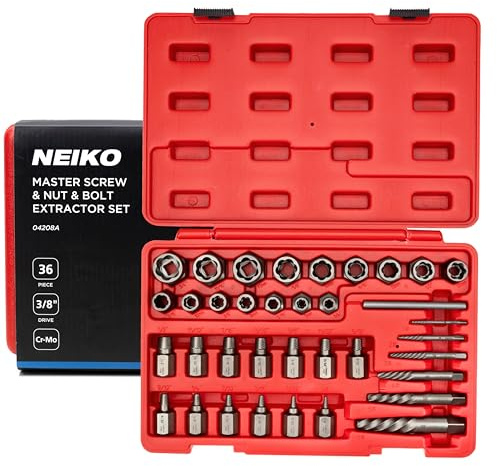 NEIKO 04208A Master Screw, Nut, & Bolt Extractor, 36 Piece Lug Nut Removal Tool, 3/8 Dr., Deep and Shallow Stripped Bolt Extractor Socket Set, Rounded Bolt Removal Tool, Nut Remover Socket Set, CR-Mo