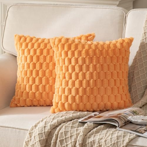 Mandioo 2er Set Orange superweichen dekorative Plüsch Kissenbezug Kissenbezüge 65 x 65 cm Wollsamt Dekokissenbezüge Kissenhülle Sofakissen Dekokissen flauschig für Couch Sofa Bett Wohnzimmer