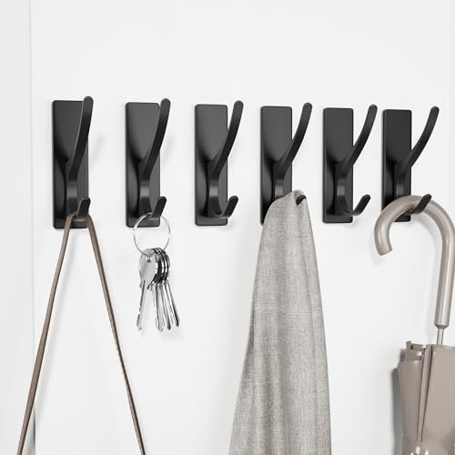 Crochet Adhesif Mural, Porte Serviette Salle de Bain, Accroche Torchon Cuisine, Porte Manteau Adhésif, Attache Murale Sans Percer, Etanche, Antirouille, Noir, 6 Pièces
