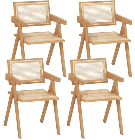 COSTWAY Juego de 2/4 Sillas de Comedor, Silla de Salón Moderna con Marco de Bambú, Respaldo y Apoyabrazos de Imitación Caña, Sillones de Ratán para Cocina, Comedor, Natural (4 Piezas)