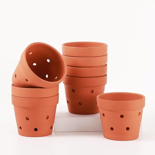 Fcacti 4.6 Inches Terracotta Orchid Pots with Holes - 8 Pcs Clay Orchid Planter Pots for Repotting, Small Flower Plant Pots for Orchid Indoor/Outdoor Promotes Air Circulation