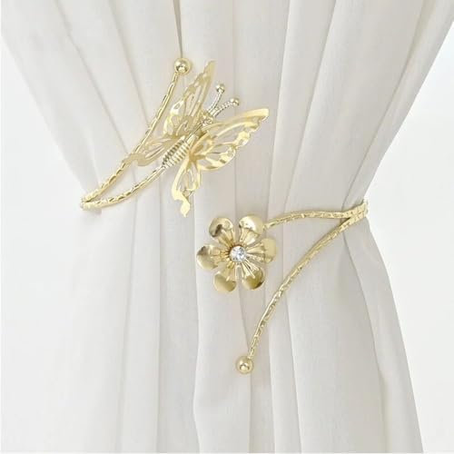 Embrasses de rideaux en métal, clips décoratifs en forme de papillon, embrasses de rideaux en strass, sangles de rideaux réglables (doré)