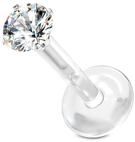 Stachelkleid Labret Chirurgenstahl 316l Bioflex Piercing Zirkonia Push In Allergie Flexibel Biegbar Rund Base Flach Bites Conch Ohrstecker Helix Tragus Kunststoff Plastik 1,2mm Silber/Klar, 6 mm, 3 mm