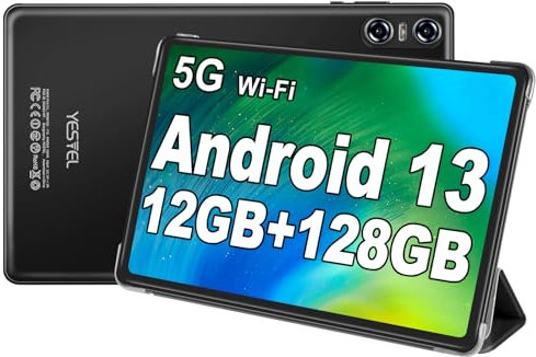 YESTEL Tablet 10 Pollici Android 13 – 12GB RAM + 128GB ROM (Espandibile 1TB), Octa-Core 2.0GHz, 5G Wi-Fi, Bluetooth 5.0, GPS, Dual Fotocamera, Schermo HD, Tablet con Custodia – Nero