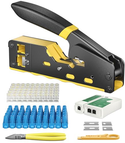 RJ45 Crimp Tool Kit, 3-in-1 Straight Ethernet Crimper Set, RJ45 Crimp Tool Kit Pass Through with 50 RJ45 Connectors, 50 Sleeves, Network Cable Tester and 2 Repair Pliers, Testing RJ45, RJ11, RJ12