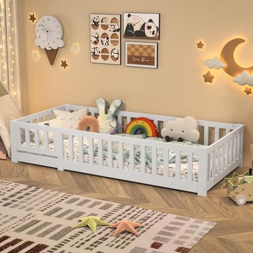 DIYHOM Cama infantil 90 x 200 cm con somier, marco de cama de madera con valla y puerta, cama Montessori con protección anticaídas, para niño y niña, color blanco