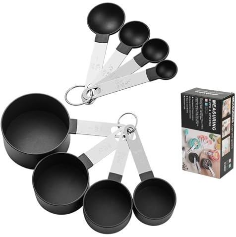 Lot de 8 cuillères doseuses en plastique - Outil de mesure de cuisine - Avec poignée en acier inoxydable - Cuillères doseuses pour mesurer les liquides et les solides - Noir