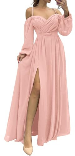 KURFACE Blush Pink Bridesmaid Dresses with Long Sleeves for Wedding Chiffon Split Floor Length Wedding Guest Dress UK6
