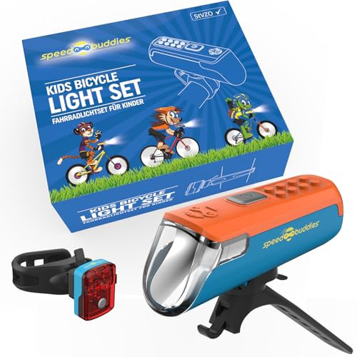 SPEED BUDDIES Kinder Fahrradlicht Set – StVZO LED Front- & Rücklicht, USB-C, für Kinderfahrrad, bunt & kindgerecht (orange/blau+blau)