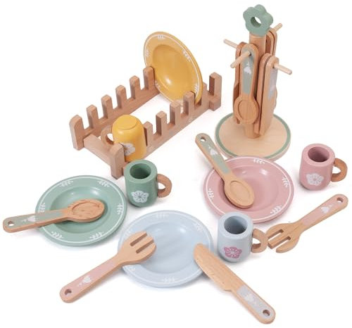 Donmills 22pcs Pretend Play Kitchen Accessories Wooden Tea Set for Toddlers, Role Play Cups and Plates for Kids Toy Kitchen, Montessori Toys Food Tableware Playset Gift for Girls and Boys