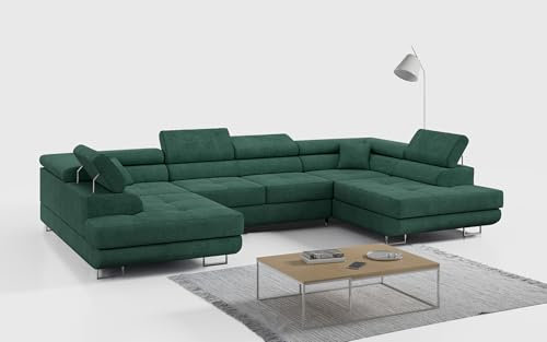 MKS MEBLE Sofa Grün Wohnzimmer - Wohnlandschaft - U-Form Couch mit Schlaffunktion - Schlafsofa mit Bettkasten - Wohnzimmer U Couch - Polstersofa mit Bettkasten - Gustaw U Grün Kronos