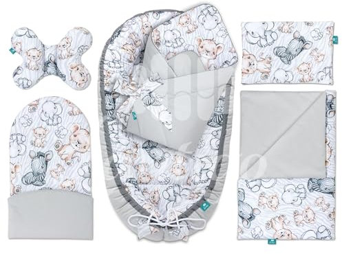 Lantigo Set für Neugeborene 6-teiliges Babynest Baumwolle mit Samt Baby Nestchen 95×55 cm inkl. Baby Kissen, Babydecke, Babyhörnchen, Erstausstattung Neugeborene Safari Grey