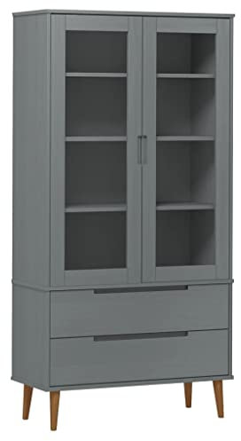 Hommdiy Vitrinenschrank MOLDEWohnzimmer Vitrine Grau 90x35x175 cm Massivholz Kiefer