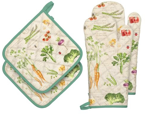 Arquiel Gants De Four & Maniques Lot De 4, 100% Coton Maniques Cuisine Gant Four Anti Chaleur Extra-Longue pour Barbecue, Cuisine, Griller, Micro-Ondes(Fruits et légumes rétro)