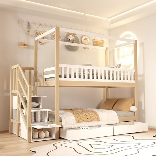 Zravenna Kinderbett Hochbett Etagenbett 90x200 für 2 Kinder, Hausbett Kinder mit Schubladen und Stauraumtreppe, Rausfallschutz mit Sicherheitsgitter, Massivholzbett, Weiß+Natur