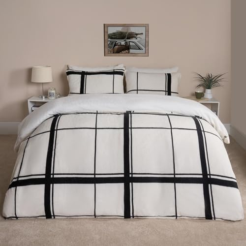 OHS Double Teddy Fleece Duvet Set Oakley Grid, Ultra Soft Cuddly Teddy Fabric Modern Grid Pattern Luxurious Double Duvet Cover with 2 Pillowcases, Natural/Black