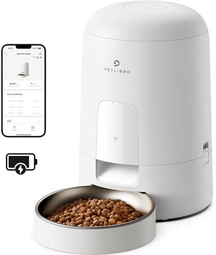 PETLIBRO Automatic Cat Feeder, Battery Operated, Smart WiFi App Control, Wireless Dry Food Auto Dispenser, Compact Design, Timed Biscuit Feeding, Easy to Use, Portion Adjustable (White, 2L)