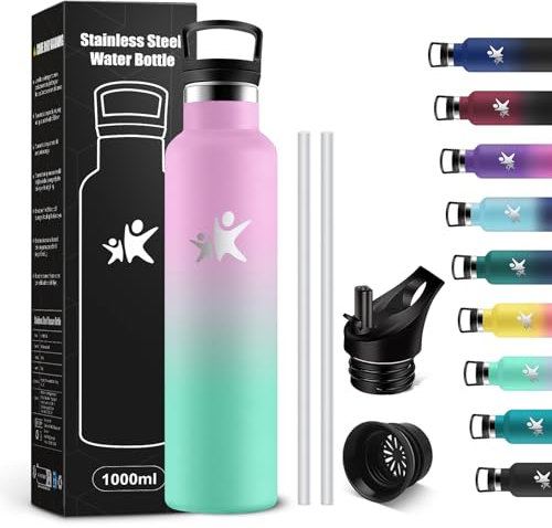 KollyKolla Trinkflasche Edelstahl 1L, Wasserflasche Auslaufsicher, BPA-Frei Thermoskanne mit Strohhalm, Vakuum Thermosflasche, Leicht zu Reinigen, Kohlensäure Geeignet, für Sport, Fahrrad, Camping