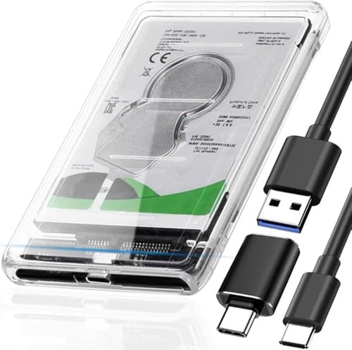 Xiatiaosann 2.5“ Festplatte Clear Externes Gehäuse, 6 Gbps werkzeugloses USB 3.0 zu SATA III Festplattengehäuse für 7mm/9.5mm 2.5inch HDD SSD mit UASP, mit USB zu Typ-C Verlängerungskabel