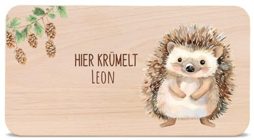 GRAVURZEILE - Bedrucktes Frühstücksbrettchen aus Holz - Hier Krümelt Igel - Personalisiert mit Namen - Geschenk für Kinder - Lebensmittelechter, umweltfreundlich Druck (GreenGuard Gold)