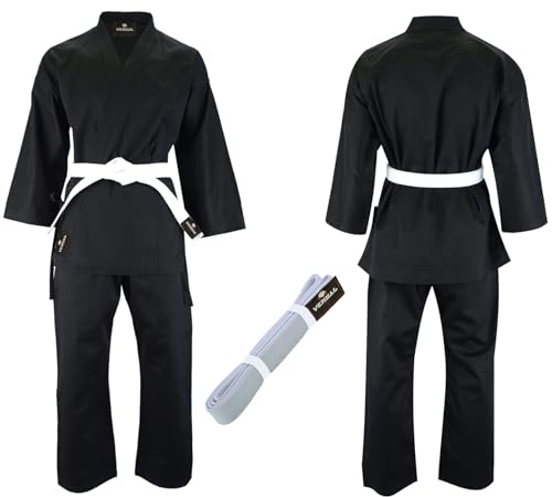 VERSAL Karate Gi - Uniforme de karate para niños y adultos, traje de karate blanco para estudiantes, 8 onzas, ligero, polialgodón, artes marciales, entrenamiento, taekwondo, uniforme con cinturón