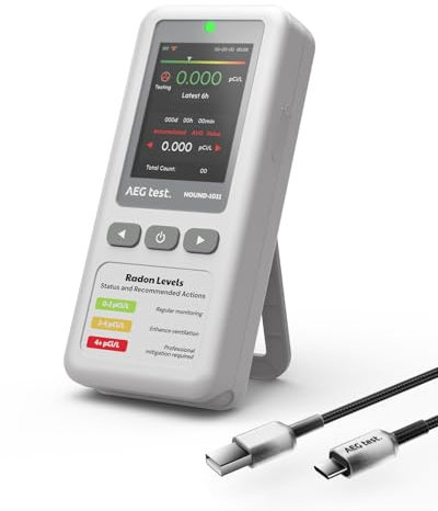 Rilevatore radon portatile AEGTEST HOUND-1011 per casa, 45 giorni, leggero, sensore ad alta precisione, misurazioni brevi e lunghe in pCi/L o Bq/m³, facile da usare, per seminterrato – Bianco