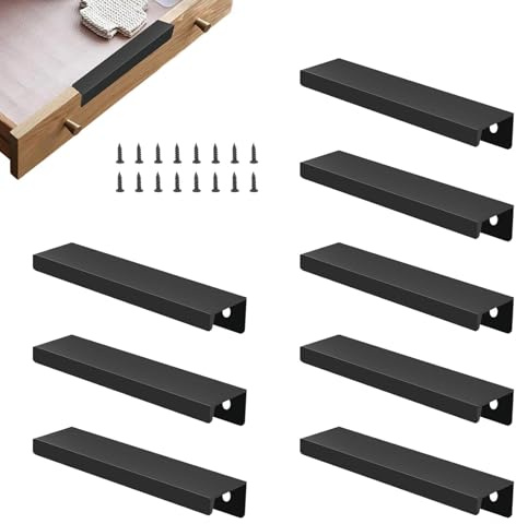 HASLED 8 Piezas Tiradores Invisibles para Muebles - tiradores cajones Aluminio Anodizado Negro - Montaje con Tornillos/Adhesivo para Puertas y Cajones