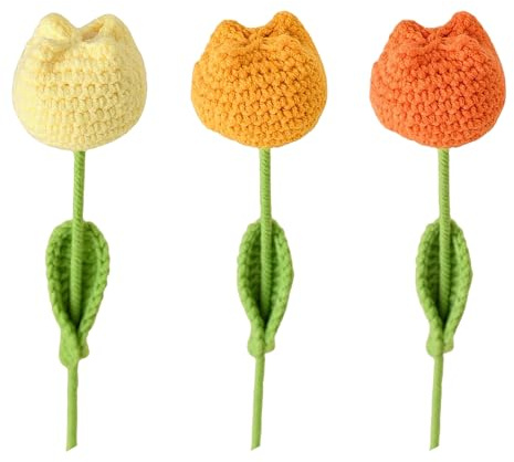 pixomixo Künstliche Tulpen, Häkelblumen, Blumenstrauß, 3er-Set, handgefertigt, gehäkelt, Tulipane, weich, gestrickt, pastell, Blumenmuster, Geschenk für Mütter, Mädchen, Freunde, Heimdekoration (Gelb