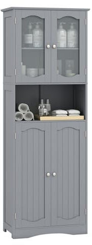 LIFEZEAL Armoire Haute de Salle de Bain Indépendante avec Portes Vitrées, Armoire sur Pieds avec Étagères Réglables, Organisateur de Rangement pour Cuisine, Salon (60 x 30 x 164 cm) (Gris)