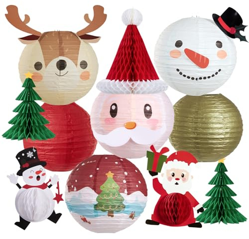Christmas Paper Lanterns Hanging Classroom Christmas Decorations Ceiling Party Decorations Including 3D Xmas Hat, Santa Claus, Snowman Christmas Trees Honeycomb, for Xmas Holiday Home Indoor 11 PCS