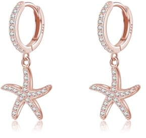 SLUYNZ 925 Sterling Silver CZ Starfish Hoop Earrings for Women Teens Girls Starfish Huggie Earrings Drop for Beach (C-Rose Gold)